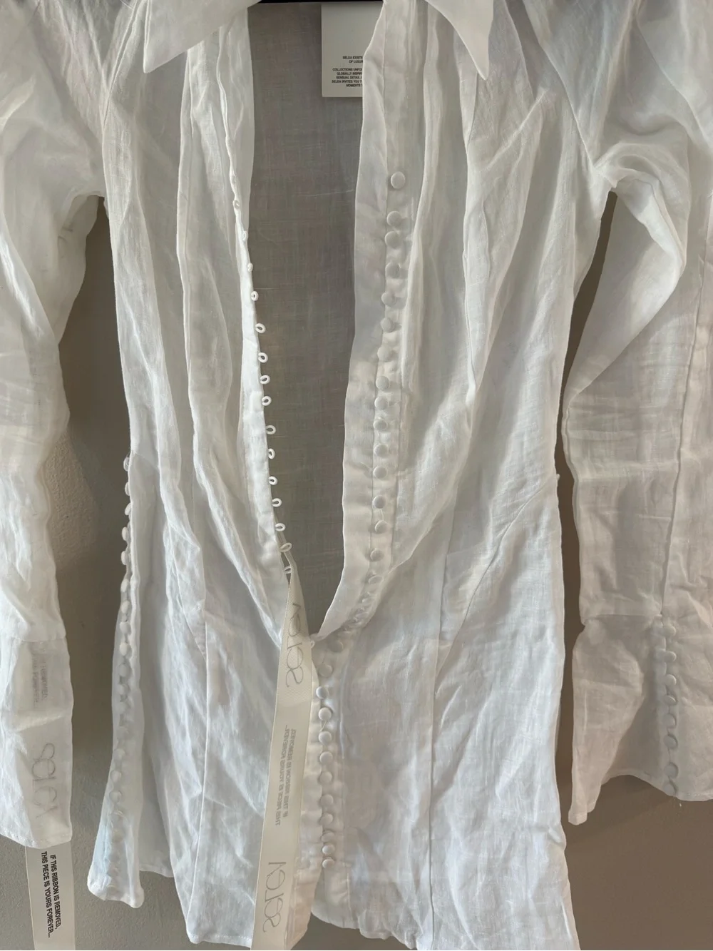 White Button-Front Long-Sleeve Linen Mini Dress